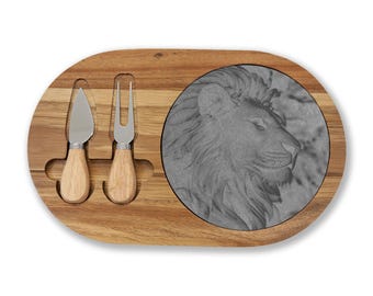 Engraved Lion Acacia Wood Charcuterie Board with Slate & Knives