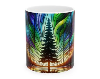 Northern Lights Ceramic Mug: Stained Glass Design Coffee Cup