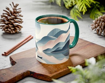 Serene Mountain Lake Ceramic Mug | Japandi Pastel Landscape