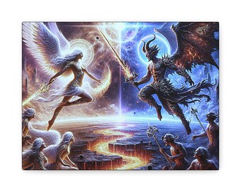 善と悪のキャンバスアート、スピリチュアルな壁飾り、天使と悪魔の