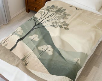 Japandi Mountain Scene Velveteen Plush Blanket | Minimal Neutral Landscape Throw