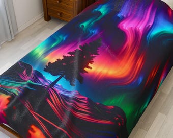Aurora Borealis Blanket: Northern Lights Velvet Throw, Forest Scene