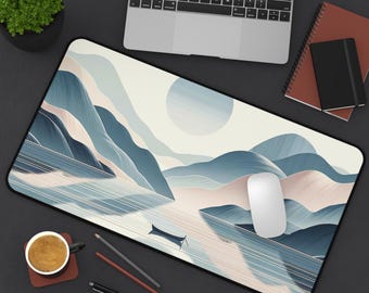 Serene Mountain Lake Landscape Desk Mat | Minimal Boat Scene