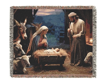 Nativity Scene Woven Blanket | Christmas Manger Tapestry Throw