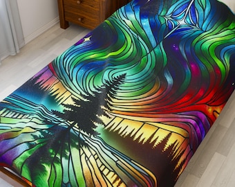 Northern Lights Velveteen Plush Blanket: Stained Glass Throw Blanket