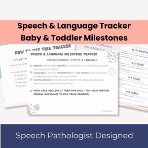 Puede incluir: Un rastreador de lenguaje y habla imprimible para bebés y niños pequeños. El rastreador incluye hitos para las edades de 18 a 24 meses, de 2 a 3 años, de 3 a 4 años y de 4 a 5 años. El rastreador está diseñado por un logopeda.