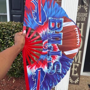 Bills Folding Hand Fan with Red Ribs, Oversized Blue Clack Fan for Game Day, Football Parties, Tailgating, Sports Gifts, and Fans