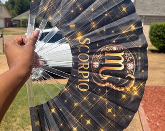 Scorpio Zodiac Hand Fan - Folding Astrology Fan w/ Dark Galaxy Art Celestial Horoscope Clack Fan for Line Dancing Handheld Fan Birthday Gift