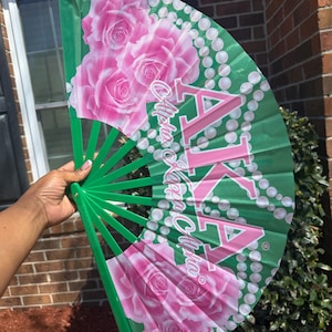 AKA Handheld Folding Fan - Sorority Clack Fan, ΑΚΑ Sorority Fan, Pink and Green Fan, Roses Hand Fan, Decorative Fan, Folding Hand Fan