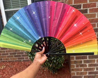 Boots On Ground Rainbow Glitter Fan - Large Folding Fan, Rainbow Clack Fan, Decorative Hand Fan, Line Dancing Fan, Rainbow Folding Fan