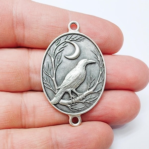 Raven and Moon Connector Charm Pendant, Gothic Boho Charm, Nature Earring, Mystical Bird, Double Hole, Antique Silver Plated 45x28mm G37159
