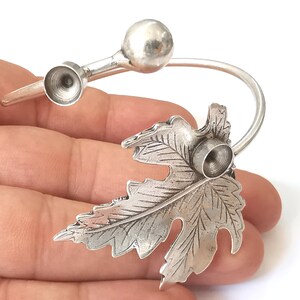 Leaf bracelet blank resin cuff dry flower inlay blank cuff bezel Glass cabochon base Adjustable Antique Silver plated brass (7mm ) G26085