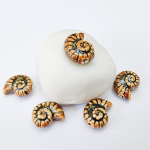 Pode incluir: Cinco contas de cerâmica em forma de espiral em tons de castanho, bege e creme são exibidas sobre um fundo branco. Uma conta repousa sobre uma pedra branca grande e lisa. As contas têm um acabamento brilhante e um padrão detalhado e rodopiante.