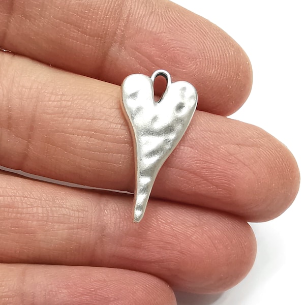 Heart Hammered Charms (Double Sided) Antique Silver Plated Charms (26x13mm) G27391