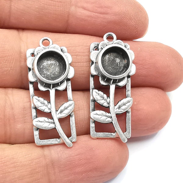 Flower Leaf Charms Blank Resin Bezel Mosaic Mountings Cabochon Setting Antique Silver Plated Charms (35x14mm)(8mm Blank)  G27983