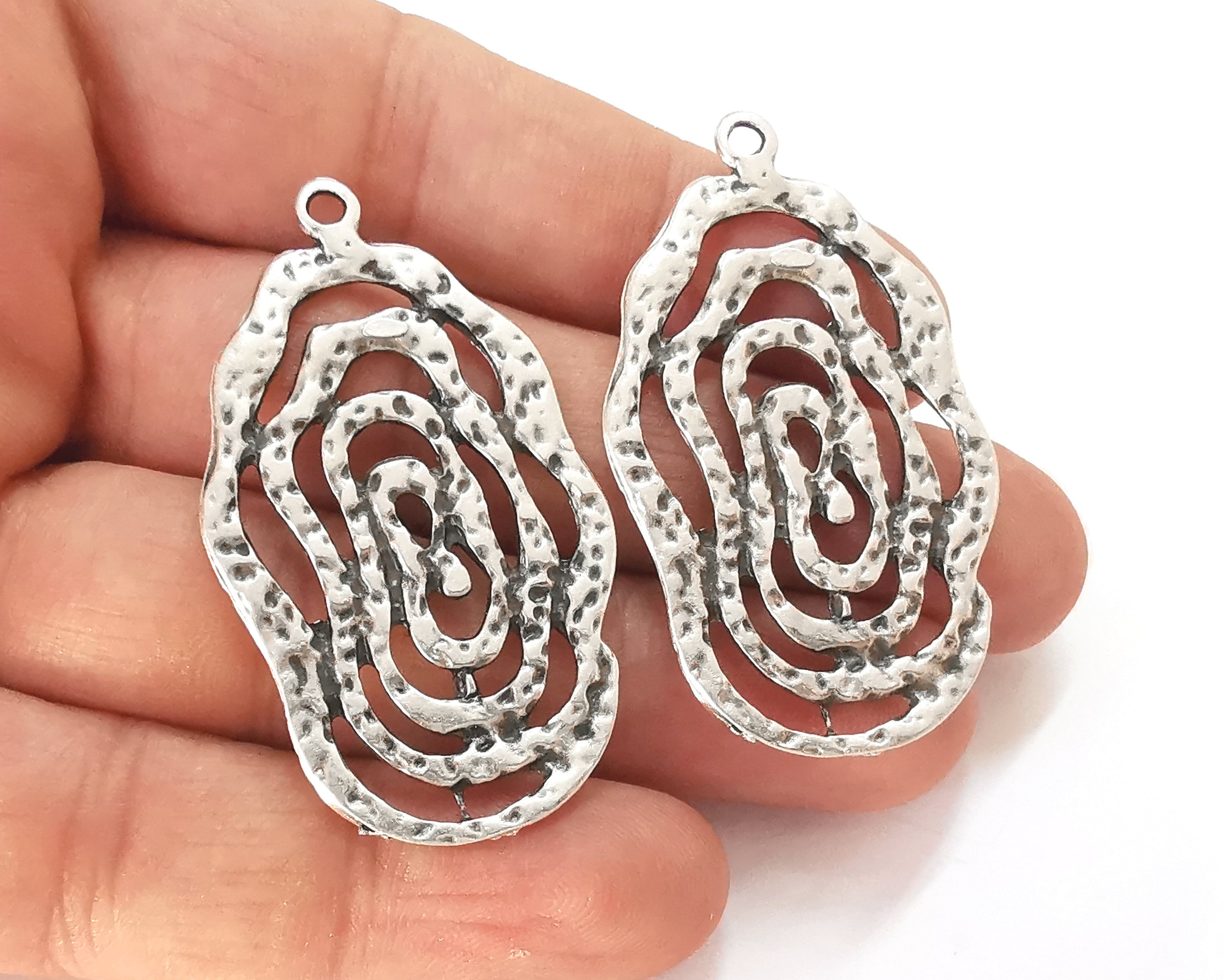 2 Swirl Hammered Charms Antique Silver Plated Charm (52x30mm