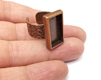 Copper Ring Setting, Cabochon Blank, Resin Bezel, Rectangle Ring Mounting, Epoxy Frame Base, Adjustable Antique Copper Plated 20x10mm G35537