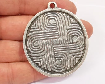 Patterned Medallion Pendant Ethnic Tribal Pendant Rustic Pendant Antique Silver Plated Charms (52mm) G24658