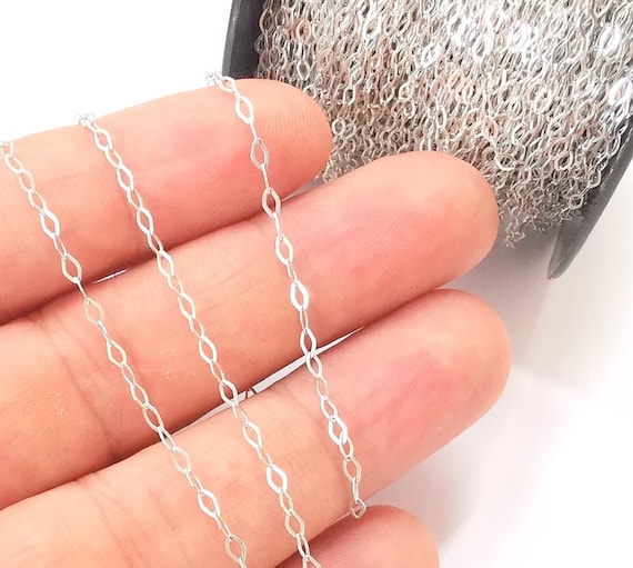 1mt(3.3ft) Sterling Silver Oval Flat Cable Chain 925 Solid Silver Soldered Chain (3,5x2,2mm) G30019