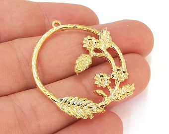 2 Leaf Flowers Charms 24k Shiny Gold Plated Charms (39x34mm)  G23014