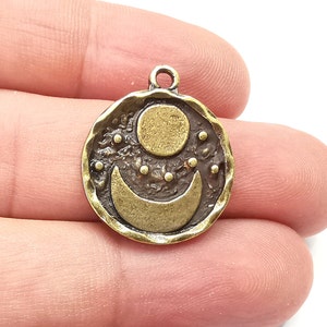 Crescent Moon Charms Sun and Moon Charms Crescent Stars Charms Moonrise Pendant Antique Bronze Plated Charms (25x21mm) G28396