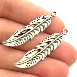 Antique Silver Feather Pendants (45x10mm) Antique Silver Plated Metal  G5870
