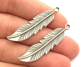 Antique Silver Feather Pendants (45x10mm) Antique Silver Plated Metal  G5870