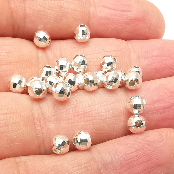 Sterling Silver Faceted Mirror Round Ball Beads, 925 Solid Silver Beads, Disco Ball Beads, 5mm Silver Bracelet Necklace Beads (5mm) G30393