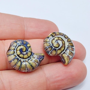 以下が含まれることがあります： 2つのセラミックオウムガイの貝殻彫刻。貝殻は、ベージュ、茶色、青の色合いが混ざったスパイラルデザインが特徴です。貝殻は、白い背景に対して人の手で保持されています。