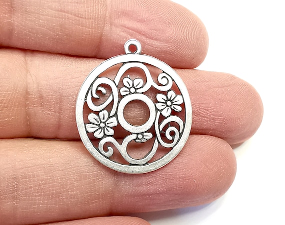 Flowers Branch Round Charms Pendant Antique Silver Plated Charms (29x25mm) G29761