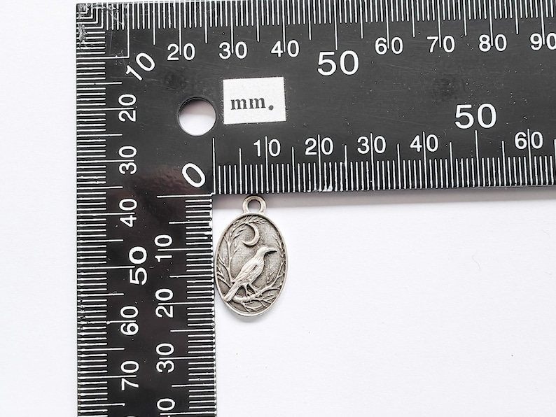 May include: A silver charm featuring a detailed design of a crow perched on a branch with a crescent moon in the background. The charm is approximately 2 cm in diameter.