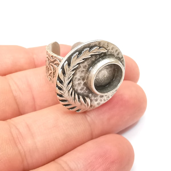 Fern Leaf Ring Blank Settings, Cabochon Mounting, Adjustable Resin Ring Base Bezel, Antique Silver Inlay Mosaic Ring Bezel (10mm) G28571