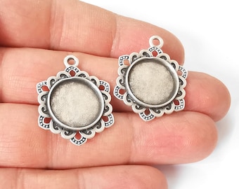 Ciondolo con cornice di fiori, castone vuoto, ciondolo placcato argento antico (30 x 23 mm) (dimensione vuota 16 mm) G24620