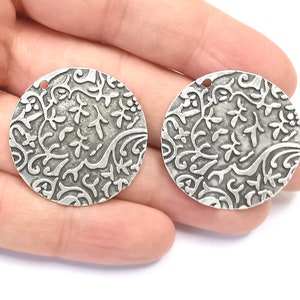 2 Flowers Branch Charms Round Charms Antique Silver Plated Charms (34mm) G26474