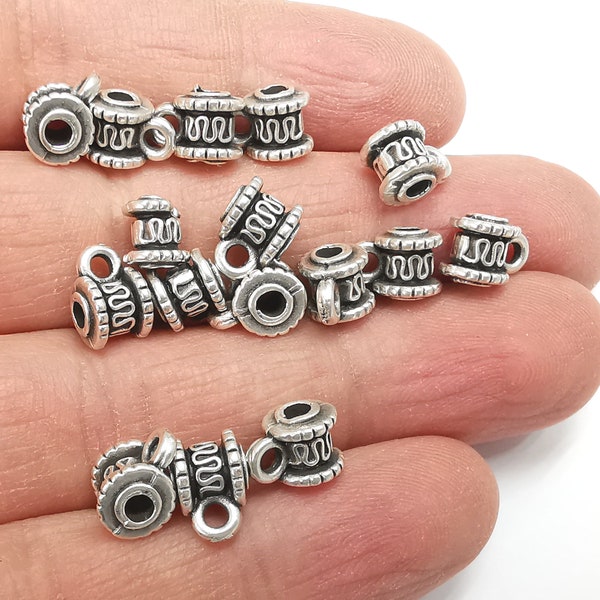 Cylinder Round Beads Loop Charms Antique Silver Plated Beads (10x7mm)  G27653