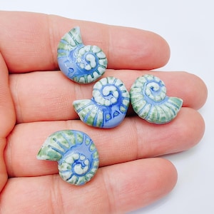 Blue and Green Porcelain Nautilus Bead, Ceramic Shell Bead, Summer Sea Bead, Ocean Jewelry Supply, Beach Beads, Ammonite Bead 20x16mm G37171