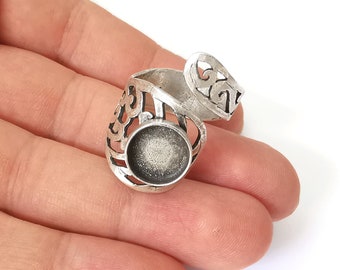 Wrap Silver Ring Blank Base Bezel Settings Cabochon Base Mountings Adjustable (12mm Blank) , Antique Silver Plated Brass G25196