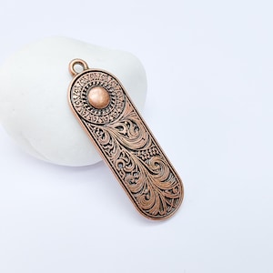 Elegant Scrollwork Pendant, Boho Charms, Earring Charms, Copper Dangle Pendant, Necklace Parts, Antique Copper Plated Zamac 53x17mm G36630