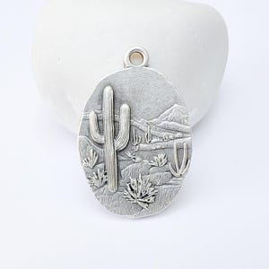 Desert Landscape Pendant, Boho Western Cactus Charm, Southwestern Jewelry, Mountain Nature Earring, Antique Silver Plated 36x24mm G37310