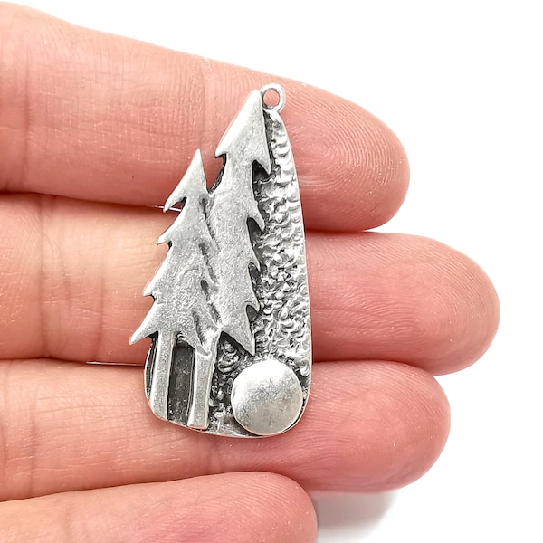 Pine Tree Forest Charms Full Moon Night Pendant Antique Silver Plated Charms (40x21mm) G27925