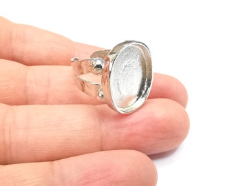 Shiny Silver Oval Ring Setting, Cabochon Blank, Resin Bezel, Ring Mounting, Epoxy Frame Base, Adjustable Rhodium Plated Brass 18x15mm G35644