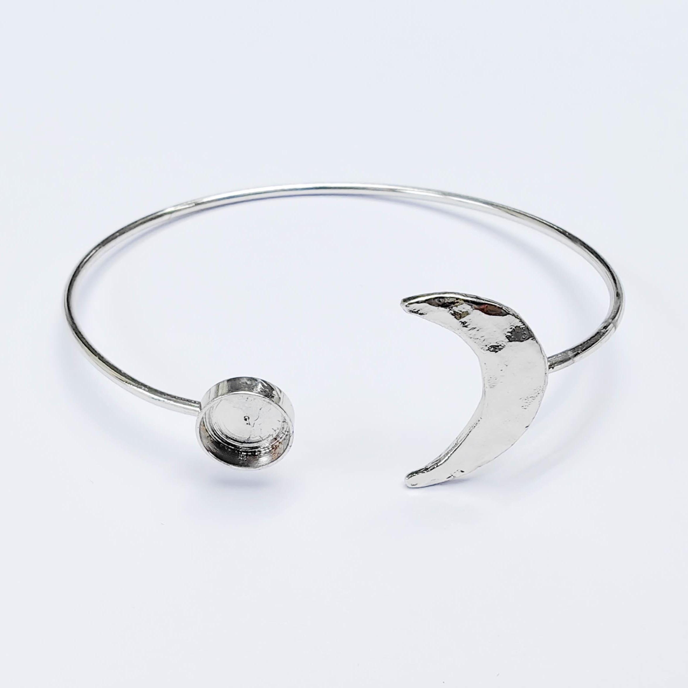 Moon Cuff Bracelet With 8mm Bezel, Adjustable Shiny Silver Plated