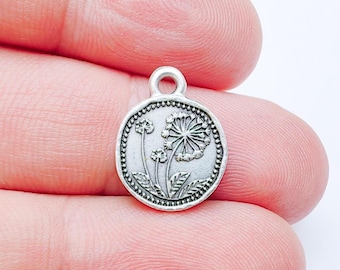 Dandelion Flower Charm, Double Sided Botanical, Organic Shape Plant Charm, Nature Earring, Floral Tag, Antique Silver Plated 16x13mm G37317