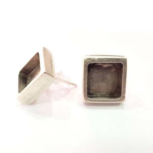 Earring Blank Base Settings Silver Resin Blank Cabochon Base inlay Blank Mountings Antique Silver Plated Metal (10x10mm blank) 1 Set  G15406