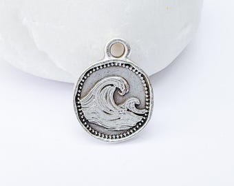 Ocean Wave Pendant, Wave Charm, Bracelet Charm, Earring Charm, Sea Symbol, Boho Beach, Surf Charm, Antique Silver Plated 16x13mm G37325