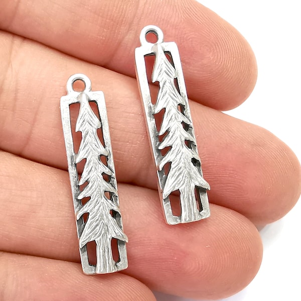 Tree Charms Antique Silver Plated Pine Tree DIY Charms, Dangle Earring Component (33x8mm) G28183