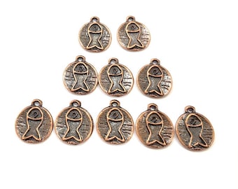 May include: Ten copper-toned metal charms in the shape of a fish. Each charm has a textured surface and a raised fish design.