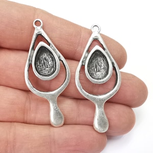 Drop Teardrop Silver Charm Blank Cabochon Base Antique Silver Plated Charms 52x22mm (14x10mm bezel)  G27859