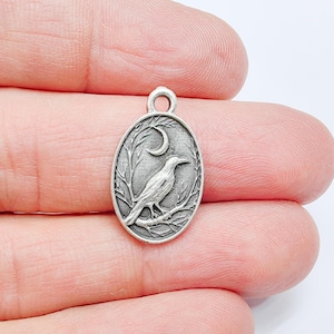 Raven and Moon Charm Pendant, Gothic Boho Charm, Nature Earring Charm, Mystical Bird, Necklace Parts, Antique Silver Plated 23x14mm G36873