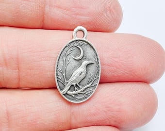 Raven and Moon Charm Pendant, Gothic Boho Charm, Nature Earring Charm, Mystical Bird, Necklace Parts, Antique Silver Plated 23x14mm G36873